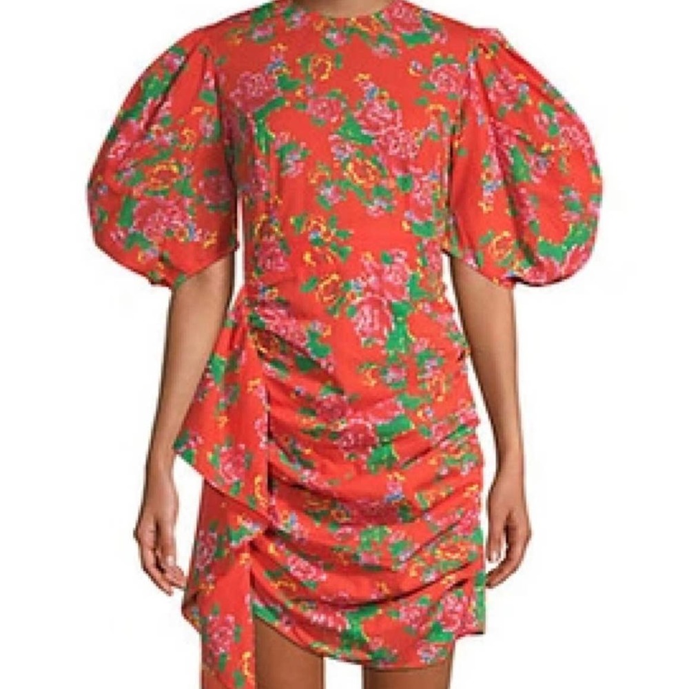 RHODE Red Floral Mini Dress with Puff Sleeves
